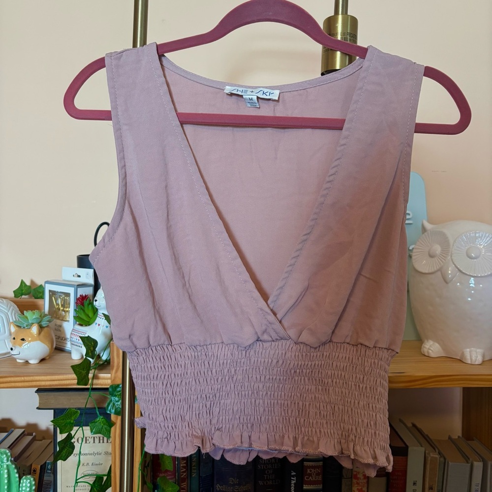 She + Sky Mauve Sleeveless Smocked Blouse